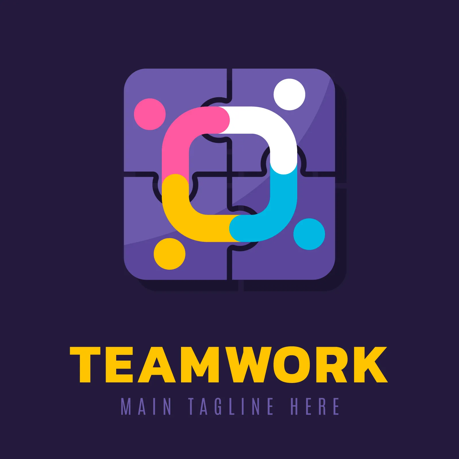 Logo de puzzle colorido com a palavra "TEAMWORK" em amarelo.